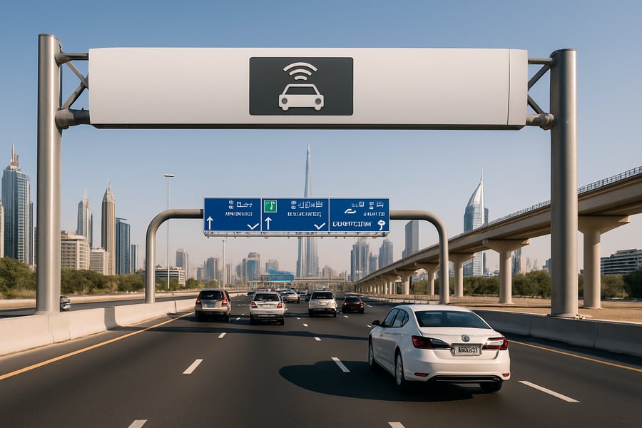 Dubai highway with electronic toll gate Dubai highway with electronic toll gate
